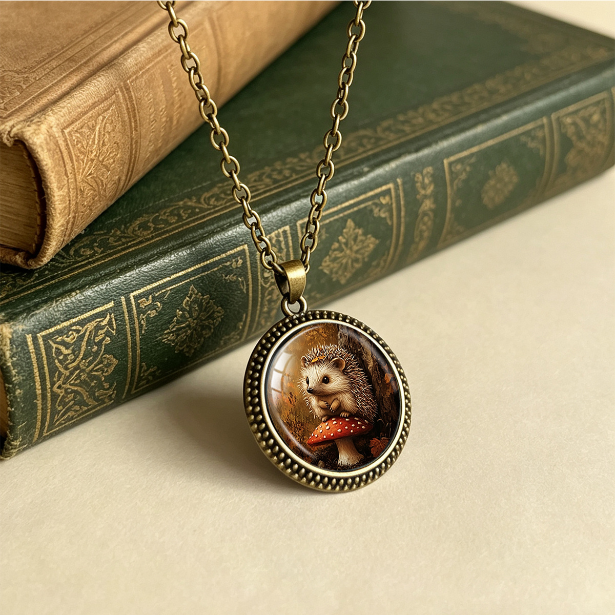 Vintage Forest Mushroom & Hedgehog Pendant Necklace